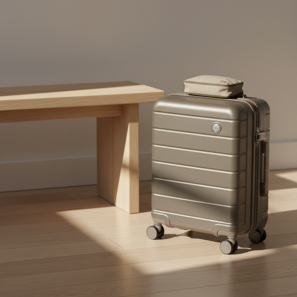 A sharply focused image of a compact, wheeled hard-shell suitcase in muted taupe, standing upright near a pristine, light wood entryway bench. The suitcase’s surface features subtle texturing and a chrome TSA-approved lock, with a neutral-toned RFID travel pouch placed atop. Natural morning light streams from the right, producing soft highlights and precise, delicate shadows. The image is composed from a slightly elevated angle with structured, aligned elements, conveying order and calm. The scene’s clean, photographic aesthetic aligns with the dependable guidance offered to multi-generational and solo travelers.