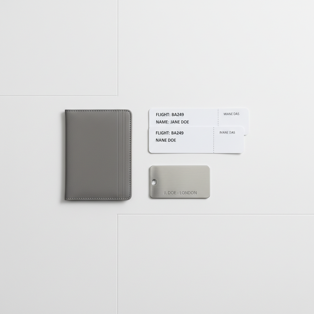 A structured flat-lay of an elegant passport case in muted grey, precisely paired with simplified boarding passes and a minimalistic, brushed-aluminum luggage tag on a smooth, matte off-white surface. Clean lines between all objects demonstrate careful curation and balance. Overhead diffused lighting ensures even illumination, softening edges for a calm, organized effect. The composition uses the rule of thirds to allow negative space, with all items in clear, sharp focus. The aesthetic is poised, tasteful, and distinctly corporate, reflecting the site’s professional and trustworthy guidance for mature travelers.